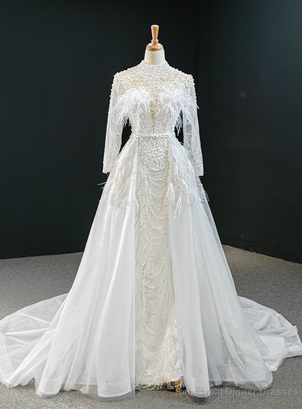 White Tulle High Neck Long Sleeve Prom Dress With Removable Train Main image