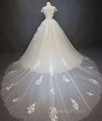 White Tulle Lace Applique Long Evening Prom Dress, White Lace Wedding Dress