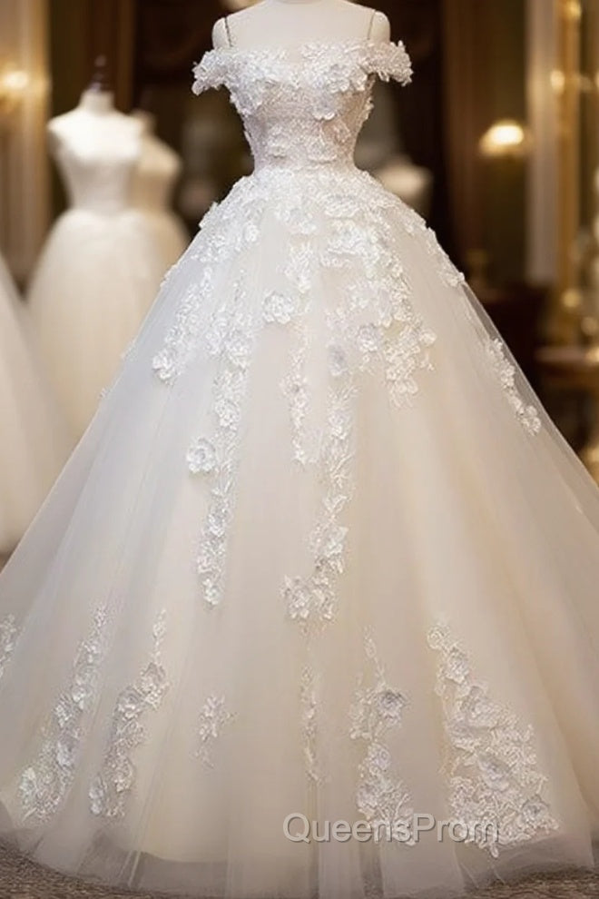 White Tulle Lace Applique Long Evening Prom Dress, White Lace Wedding Dress