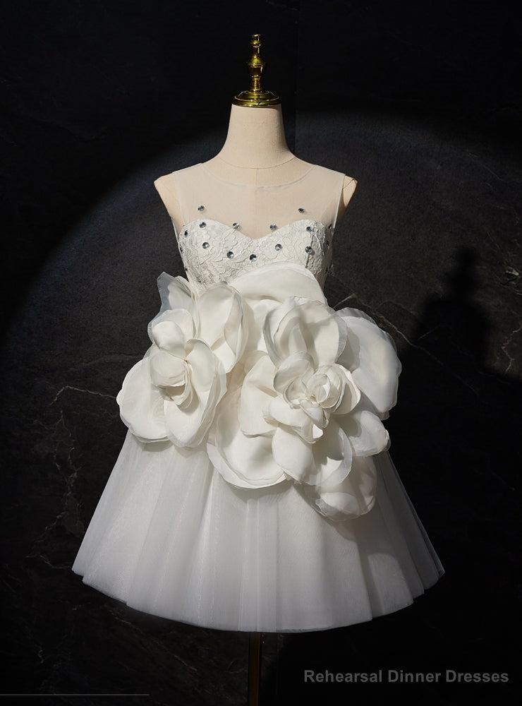 White Tulle Lace Backless 3D Flower Wedding Dresss Main image