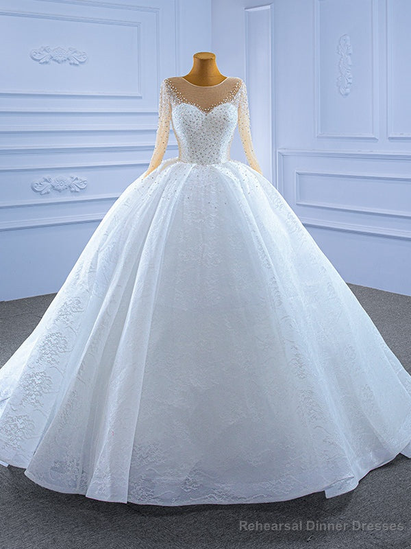 White Tulle Lace Long Sleeve Beading Wedding Dress Main image
