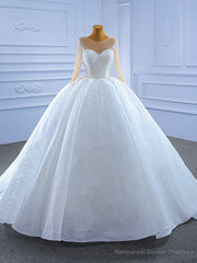 White Tulle Lace Long Sleeve Beading Wedding Dress