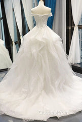 White Tulle Lace Off Shoulder Long Evening Prom Dress White Lace Wedding Dress