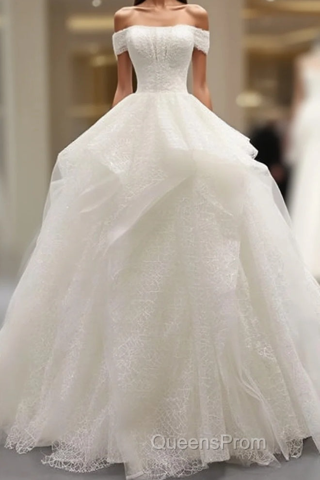 White Tulle Lace Off Shoulder Long Evening Prom Dress White Lace Wedding Dress Main image