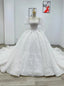 White Tulle Lace Puff Sleeve Beading Pearls Wedding Dress