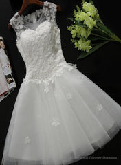 White Tulle Lace Round Neckline Knee Length Graduation Dresses, White Short Prom Dresses Party Dresses