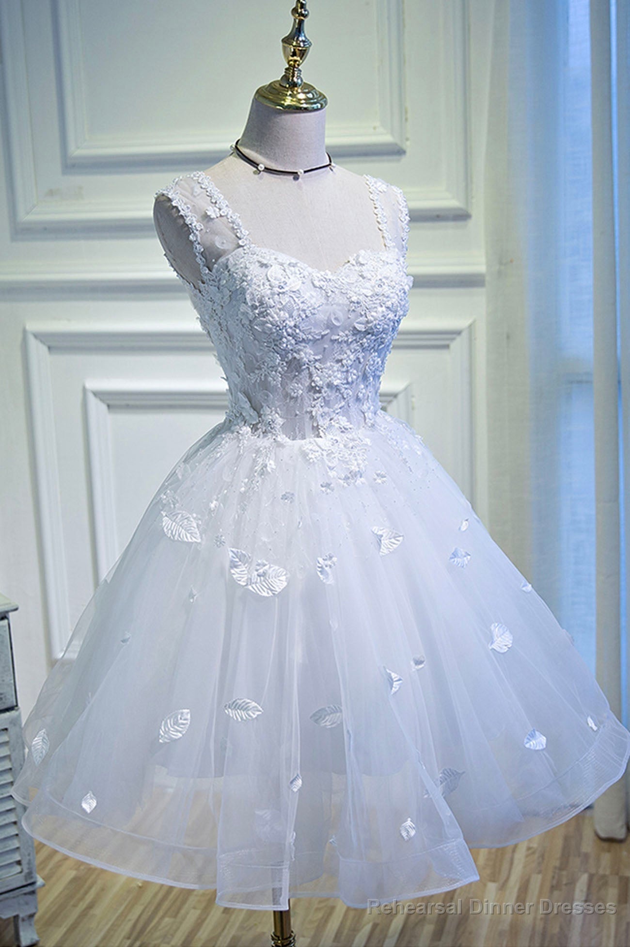 White Tulle Lace Short Prom Dress Pageant Dress, Cute Knee Length Party Dress Main image