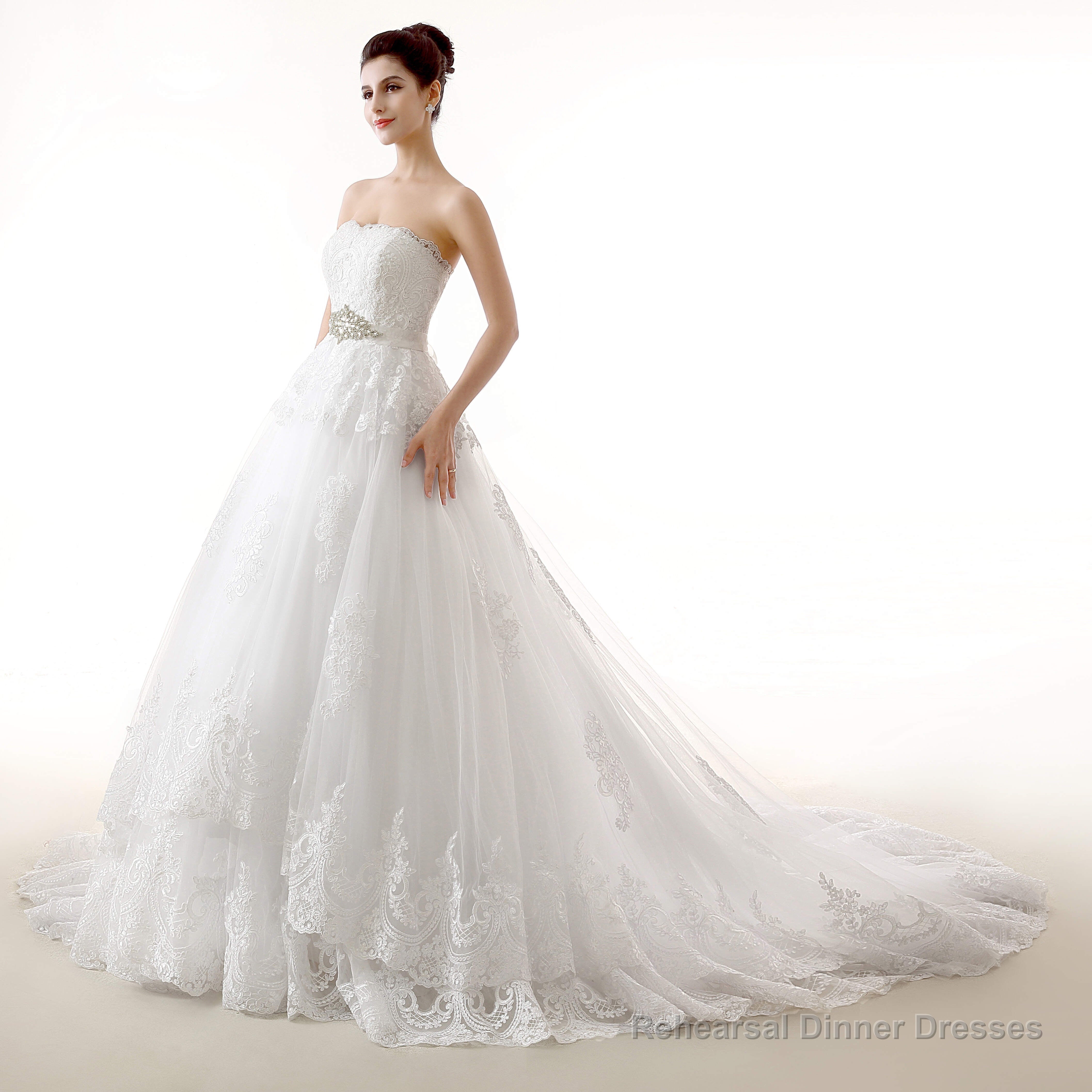 White Tulle Lace Strapless With Sash Wedding Dresses Secondary image