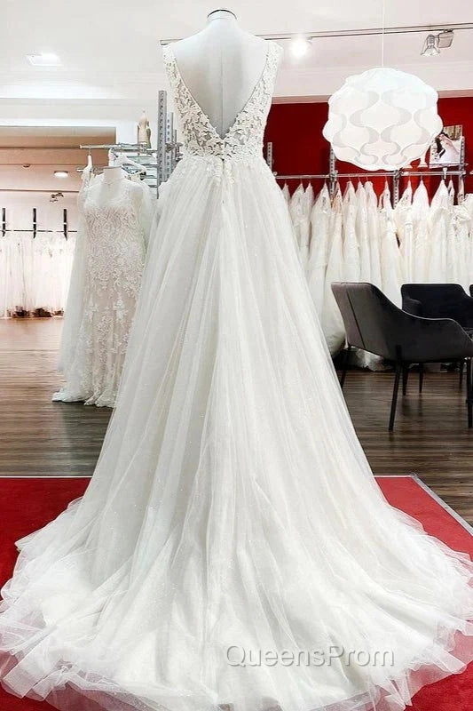 White Tulle Lace Wedding Dress A-Line V Neck Bridal Dress With Sweep Train Sleeveless Floor Length Secondary image