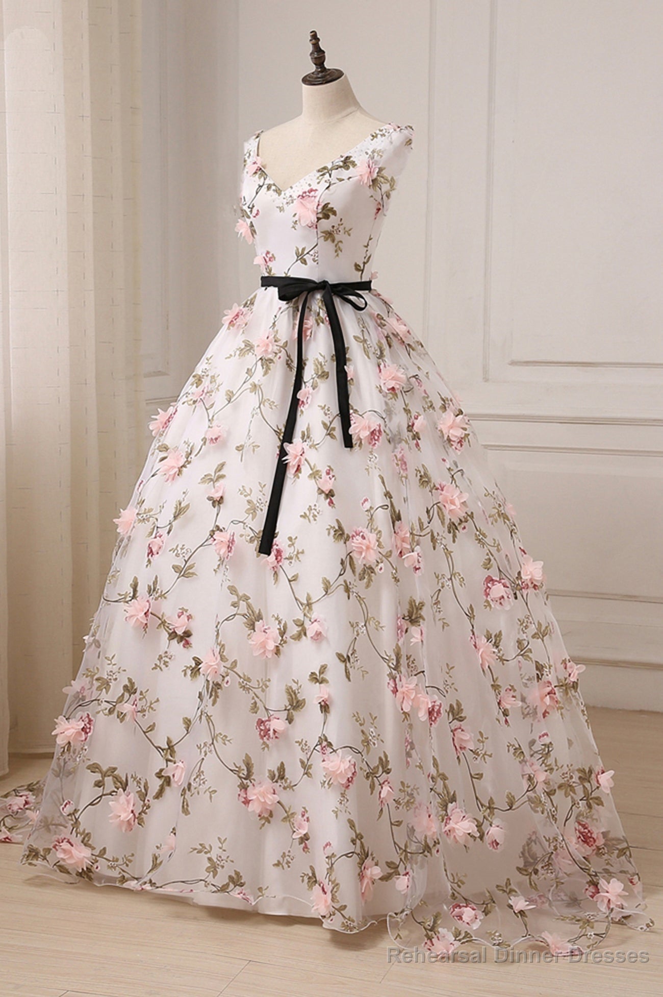 White Tulle Long A-Line Prom Dress, White V-Neck Evening Dress Main image