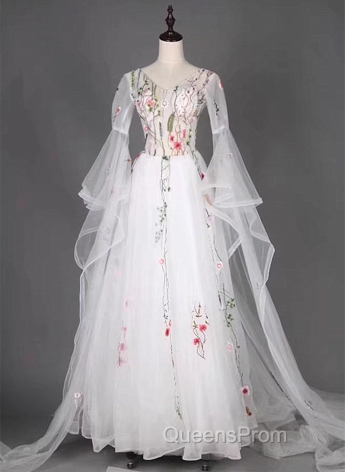 White Tulle Long Sleeves A-Line Wedding Party Dress, White Tulle Evening Prom Dress Secondary image