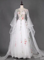 White Tulle Long Sleeves A-Line Wedding Party Dress, White Tulle Evening Prom Dress