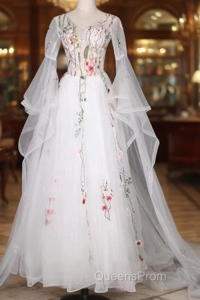 White Tulle Long Sleeves A-Line Wedding Party Dress, White Tulle Evening Prom Dress Main image