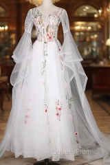 White Tulle Long Sleeves A-Line Wedding Party Dress, White Tulle Evening Prom Dress