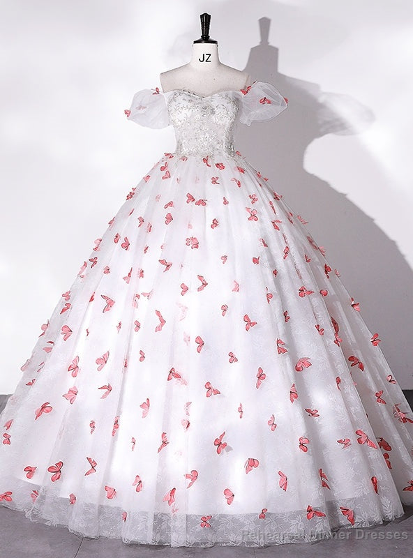White Tulle Puff Sleeve Butterfly Appliques Quinceanera Dress Main image
