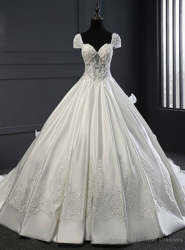White Tulle Satin Ball Gown V-neck Train Beading Wedding Dress Main image
