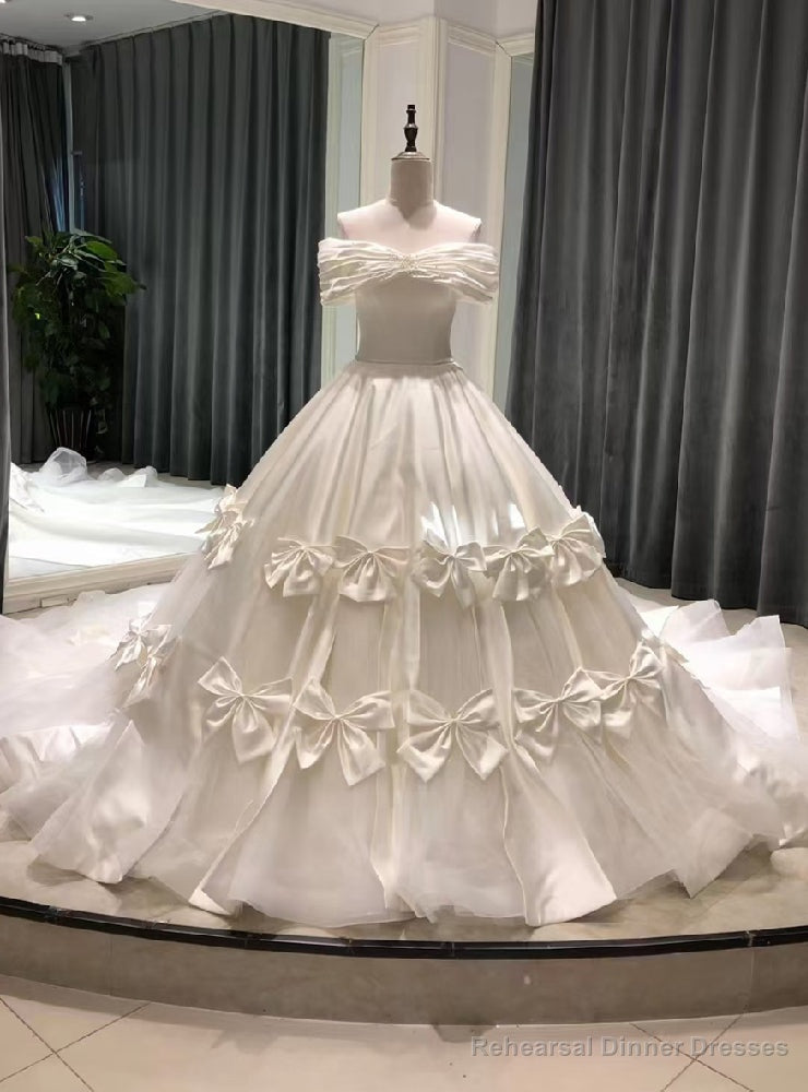 White Tulle Satin Off the Shoulder Wedding Dress Main image