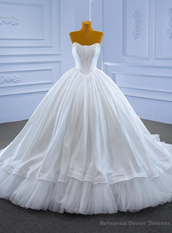 White Tulle Satin Strapless Pearls Wedding Dress Main image