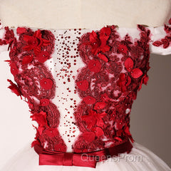 White Tulle Scoop Long Formal Dress With Red Lace, Lovely Red Formal Dress Evening Prom Dress