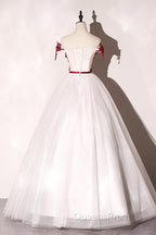 White Tulle Scoop Long Formal Dress With Red Lace, Lovely Red Formal Dress Evening Prom Dress