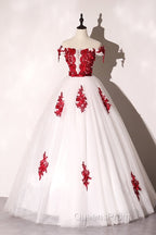 White Tulle Scoop Long Formal Dress With Red Lace, Lovely Red Formal Dress Evening Prom Dress