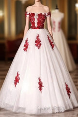 White Tulle Scoop Long Formal Dress With Red Lace, Lovely Red Formal Dress Evening Prom Dress