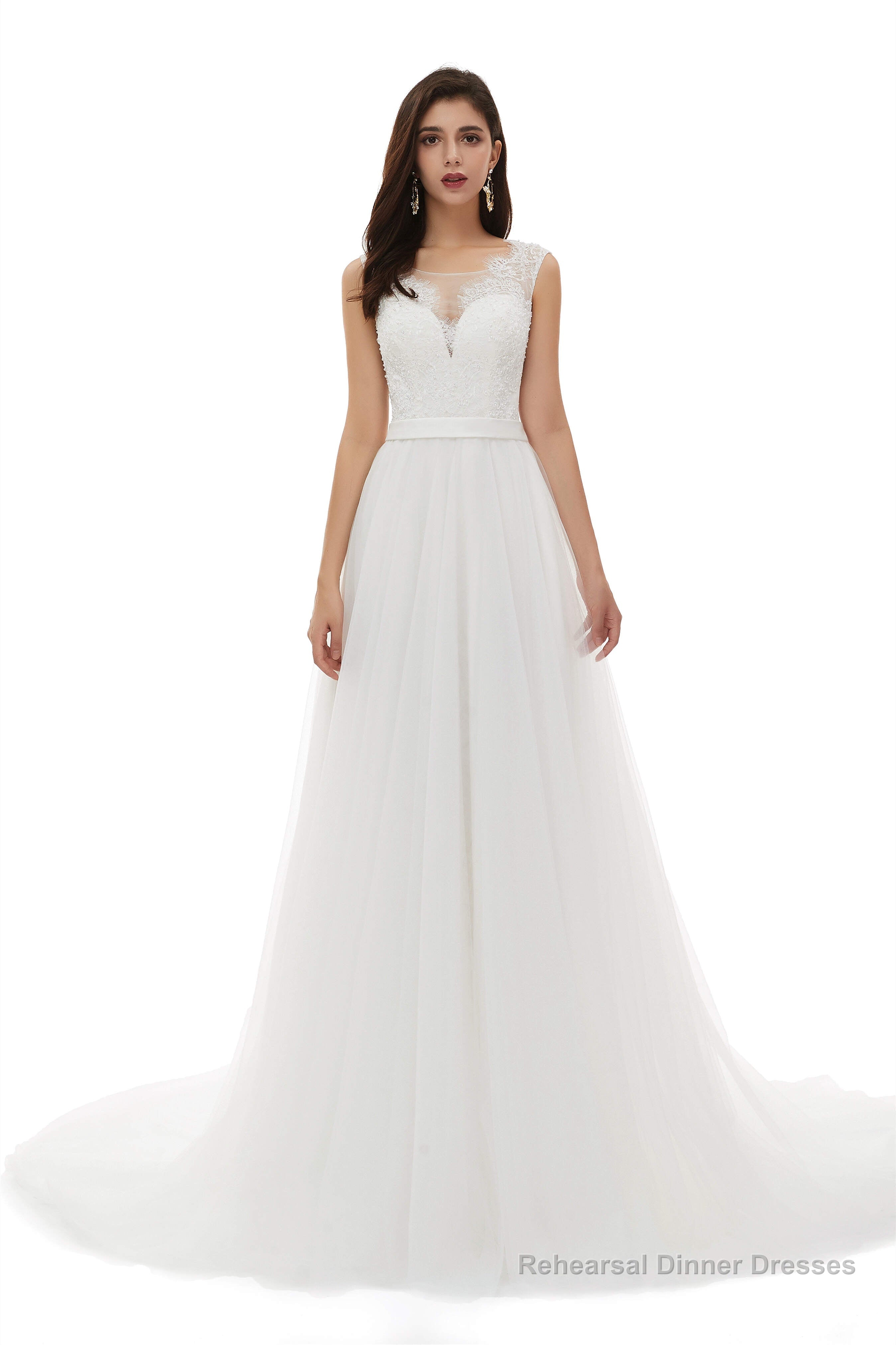 White Tulle Scoop Neck Lace Appliques Beading Wedding Dresses Main image