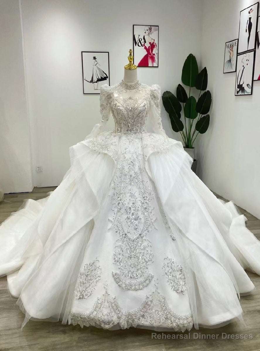 White Tulle Sequins Appliques High Neck Wedding Dress Main image