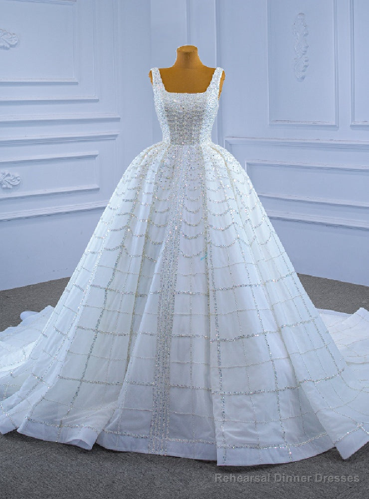 White Tulle Sequins Beading Heavy Work Wedding Dress Main image