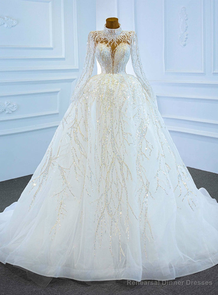 White Tulle Sequins High Neck Long Sleeve Wedding Dress Main image
