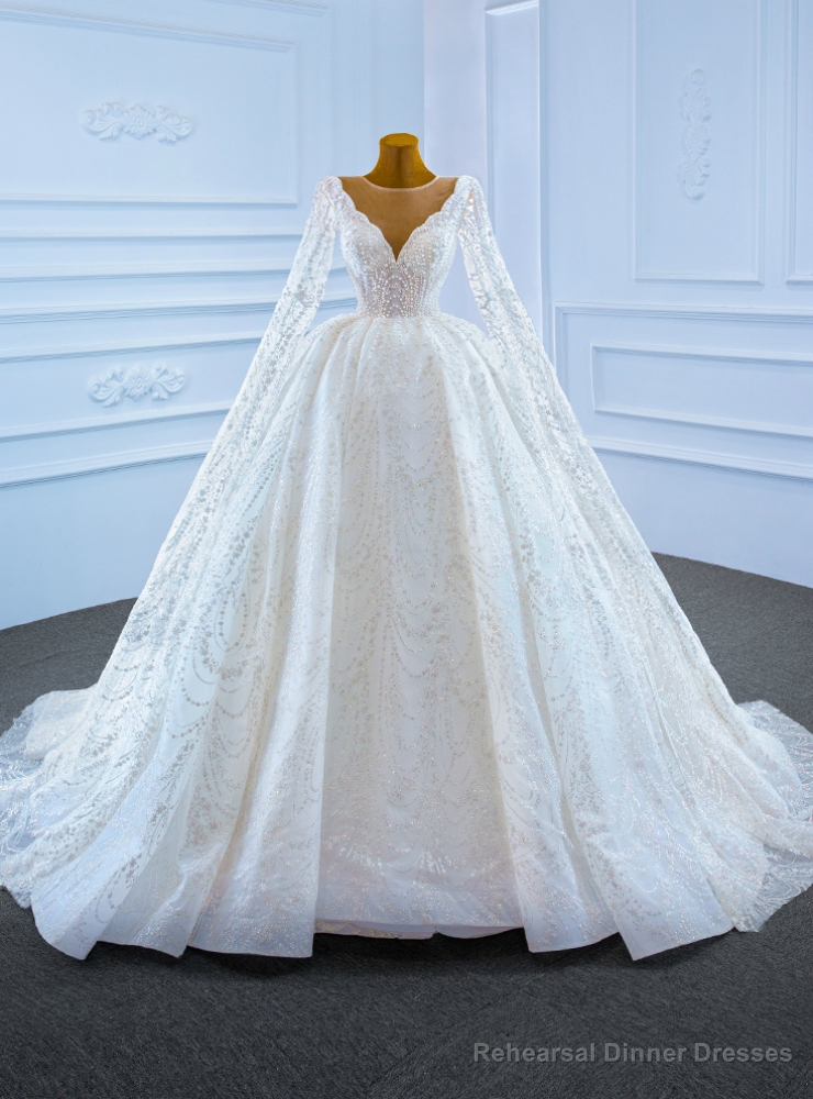 White Tulle Sequins Long Sleeve Pearls Wedding Dress Main image