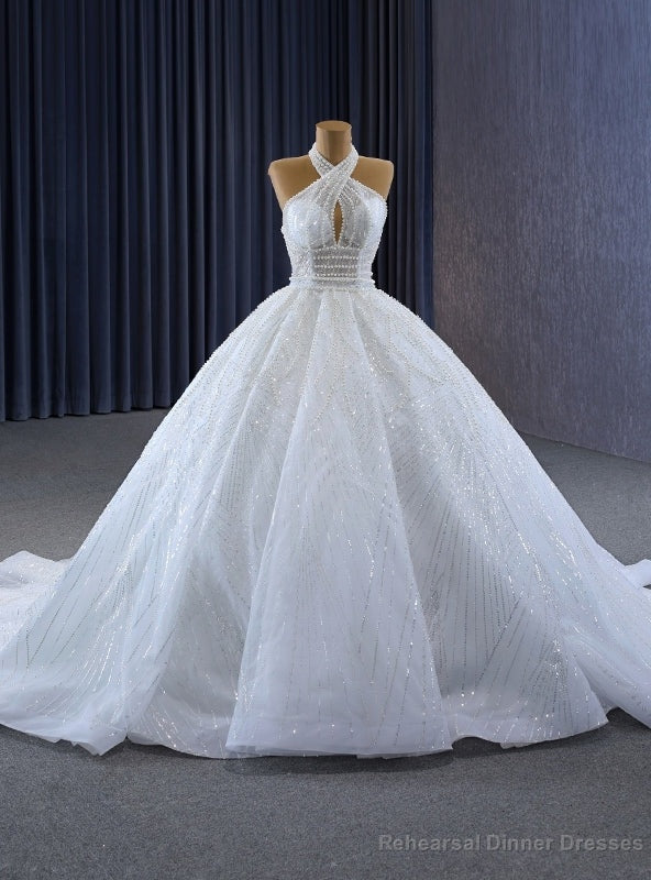 White Tulle Sequins Pearls Halter Wedding Dress Main image