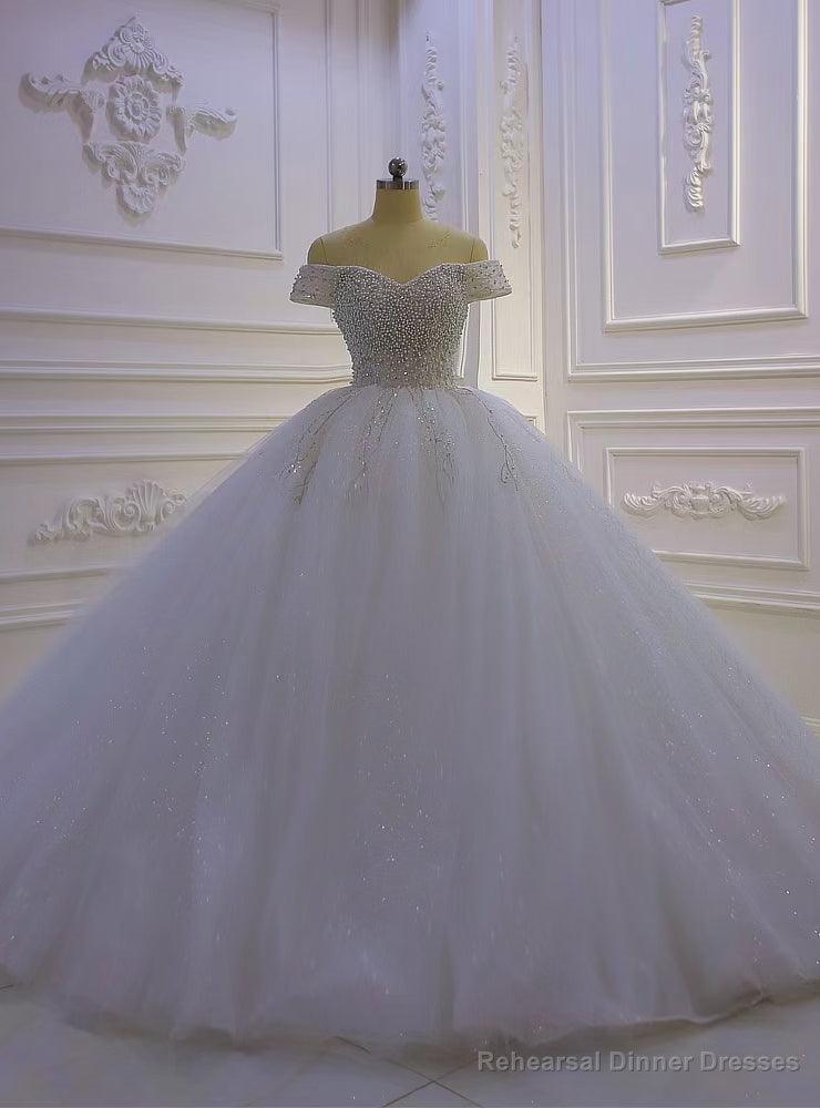 White Tulle Sequins Pearls Off the Shoulder Wedding Dress Main image