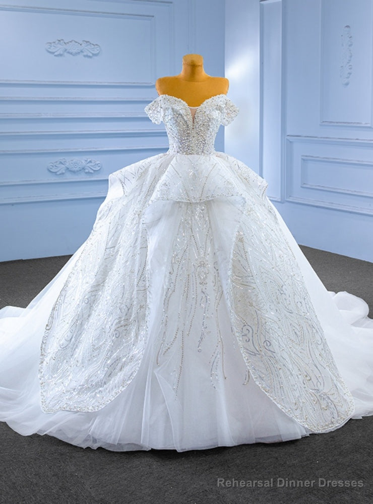 White Tulle Sequins Pearls Wedding Dress Main image