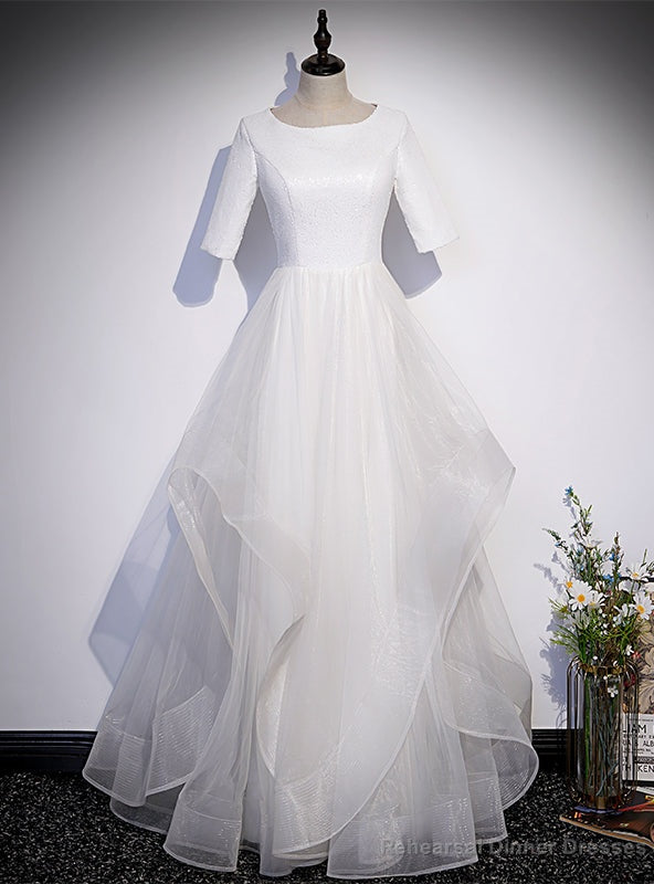 White Tulle Sequins Short Sleeve Prom Dress Main image