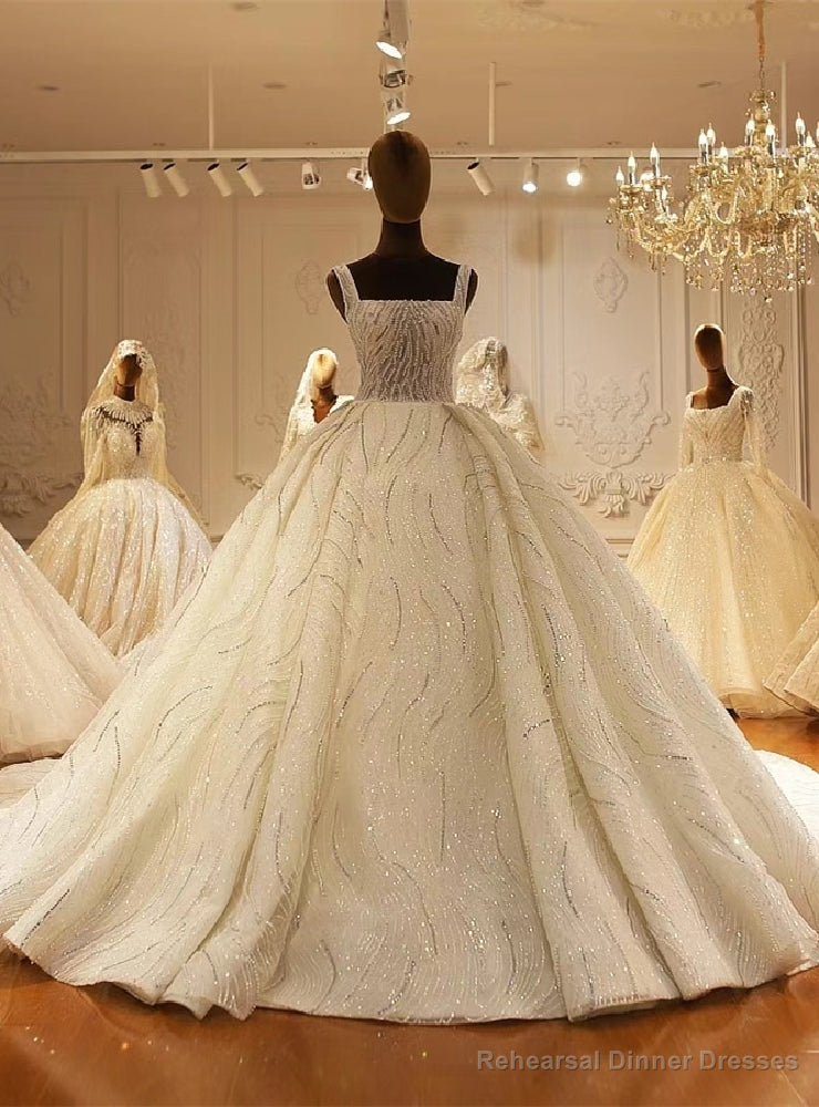 White Tulle Sequins Straps Wedding Dress Main image