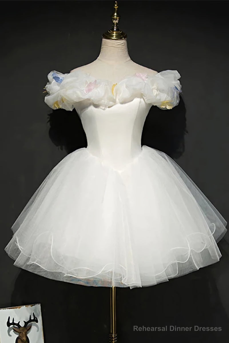 White Tulle Short Off Shoulder Homecoming Dress, White Graduation Dress Main image
