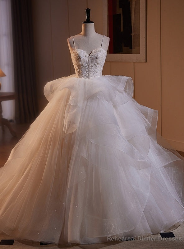 White Tulle Spaghetti Straps Lace Beading Wedding Dress Main image