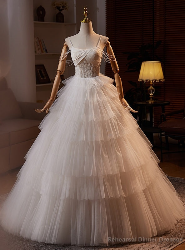 White Tulle Spaghetti Straps Tiers Wedding Dress Main image