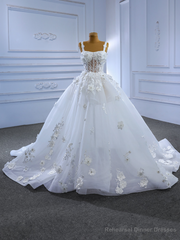 White Tulle Straps 3D Flower Wedding Dress