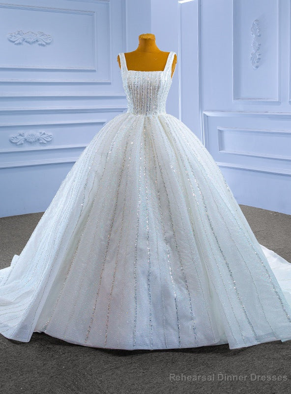 White Tulle Straps Sequins Beading Wedding Dress Main image