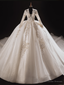 White Tulle V-neck Long Sleeve Beading Wedding Dress