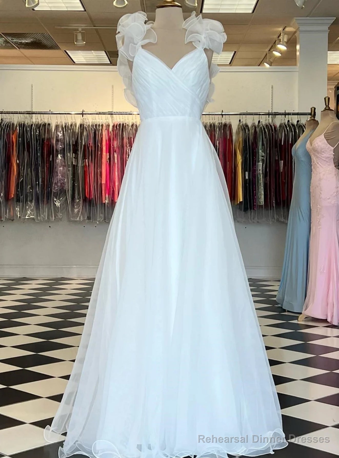 White Tulle V-neck Pleats Prom Dress