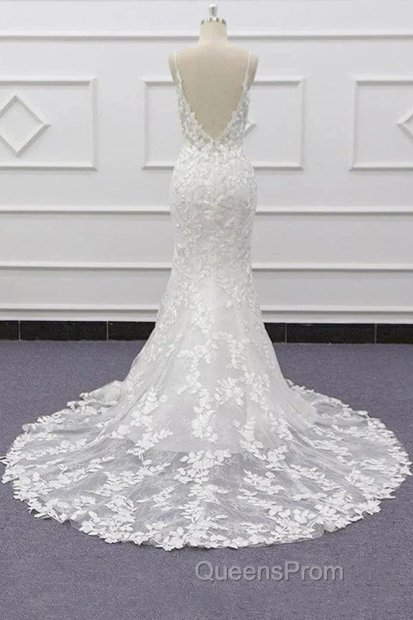 White Tulle Wedding Dress Lace Appliques Spaghetti Straps Mermaid Bridal Dress Open Back Secondary image