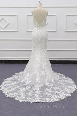 White Tulle Wedding Dress Lace Appliques Spaghetti Straps Mermaid Bridal Dress Open Back