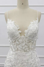 White Tulle Wedding Dress Lace Appliques Spaghetti Straps Mermaid Bridal Dress Open Back