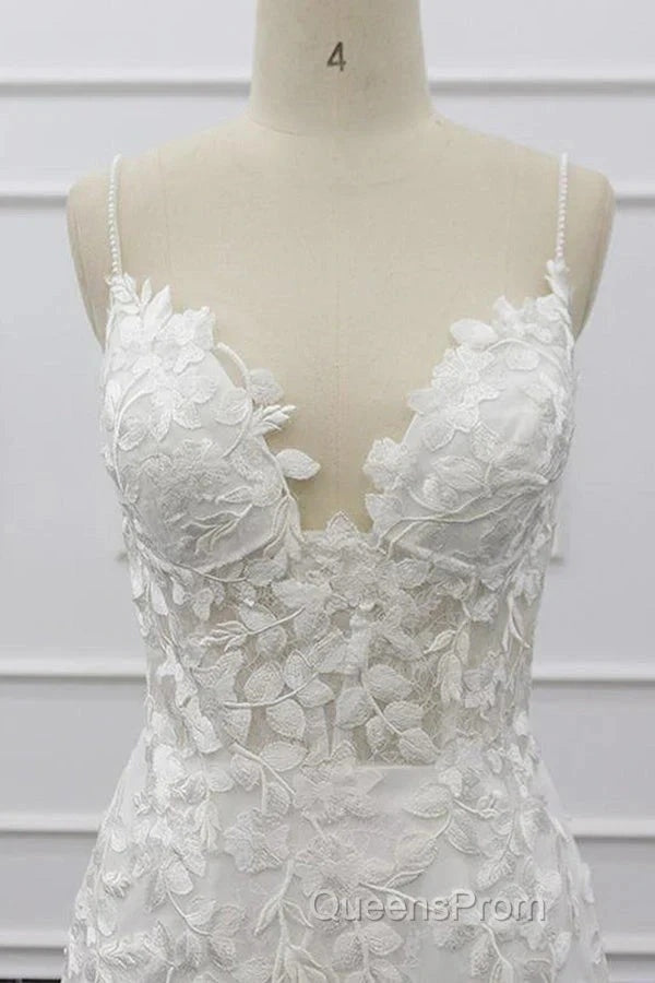 White Tulle Wedding Dress Lace Appliques Spaghetti Straps Mermaid Bridal Dress Open Back