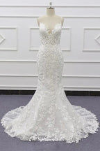 White Tulle Wedding Dress Lace Appliques Spaghetti Straps Mermaid Bridal Dress Open Back