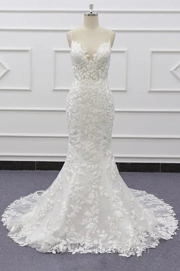 White Tulle Wedding Dress Lace Appliques Spaghetti Straps Mermaid Bridal Dress Open Back
