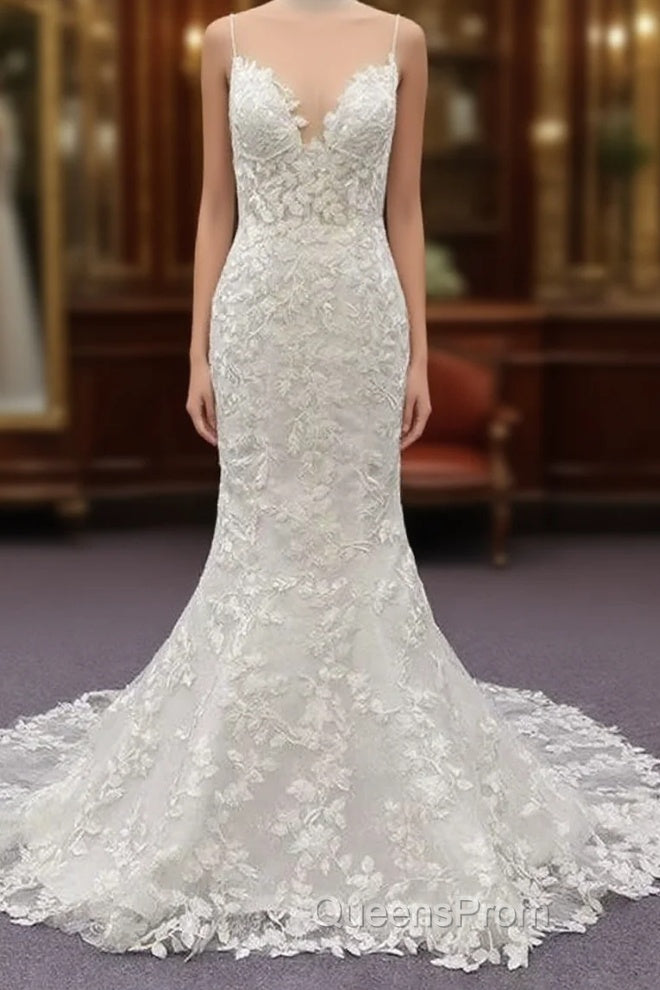 White Tulle Wedding Dress Lace Appliques Spaghetti Straps Mermaid Bridal Dress Open Back Main image